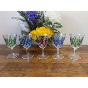 VMC France Harlequin Cut Crystal Cordial‎ Glasses Green Blue Yellow Ruby MCM Bar
